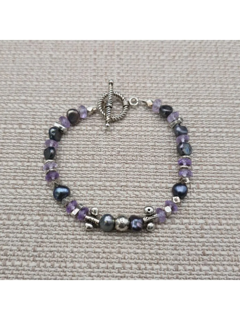 7.5 Inch Sterling Silver Black Pearl Amethyst Bead Rope Toggle Bracelet A8160